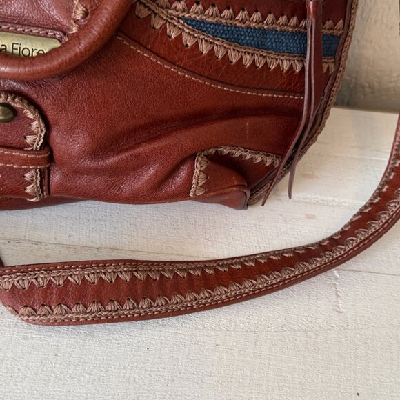 Isabella Fiore Boho Leather Canvas Satchel Brown Blue Whipstitch Crossbody - Picture 9 of 15